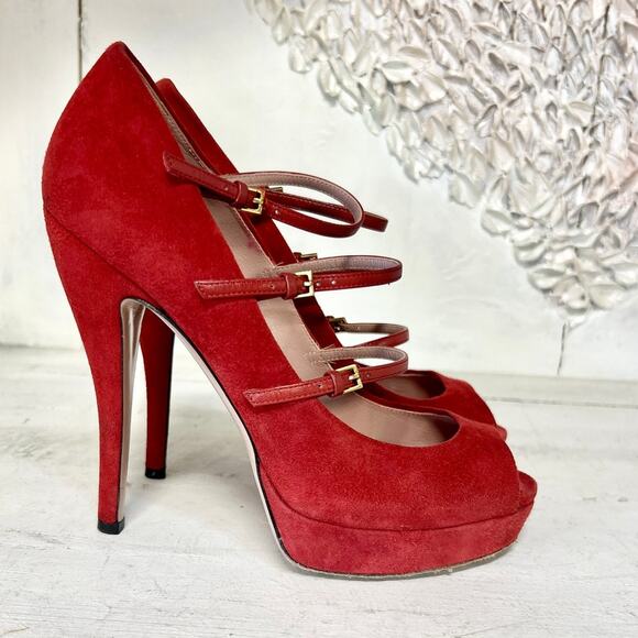 Gucci Lisbeth Suede Strappy Peep Toe Stilettos Heel Pumps Rose Bed Women's 38.5 - Picture 4 of 11